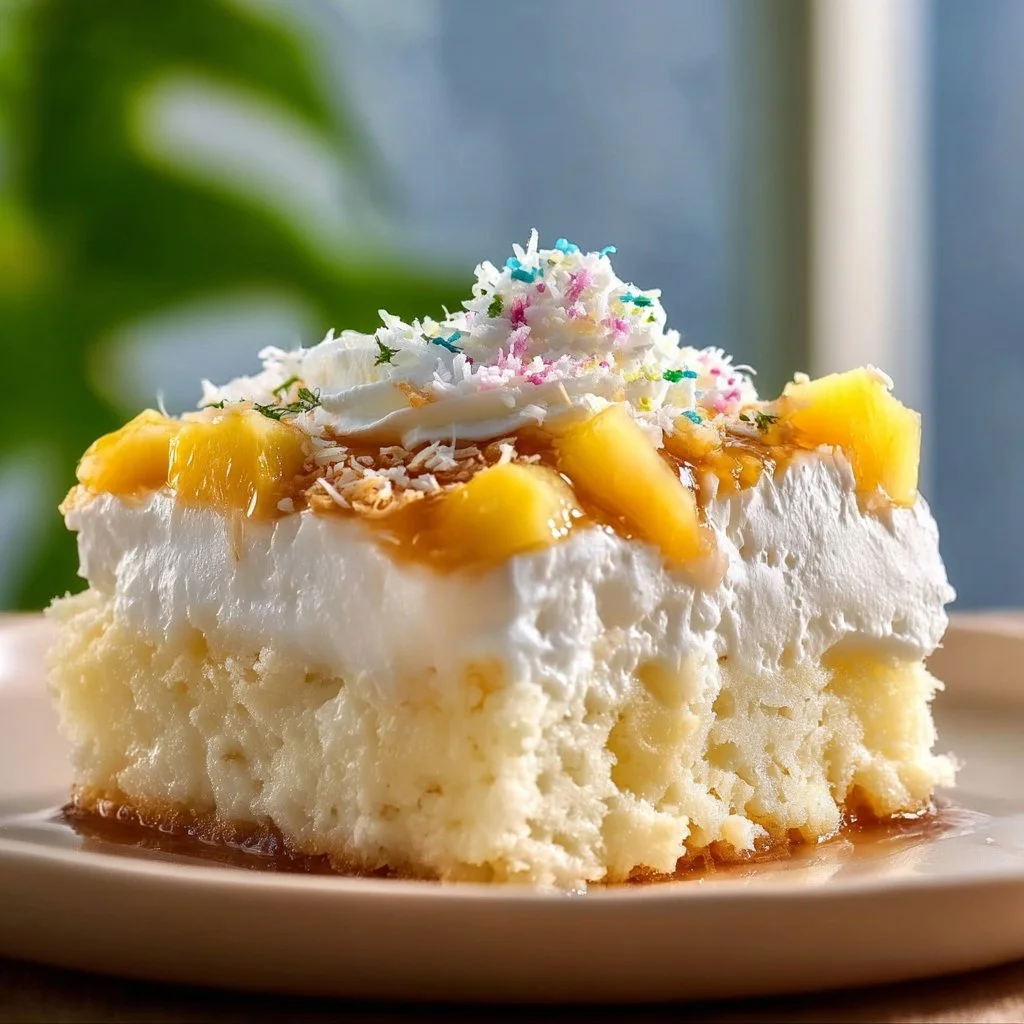 Delicious Hawaiian Poke Cake topped with coconut and fruit flavors