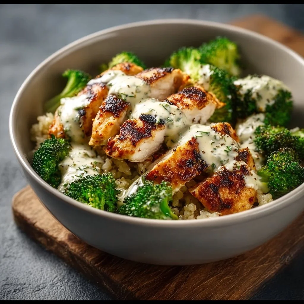 Healthy grilled chicken broccoli bowls with creamy garlic sauce