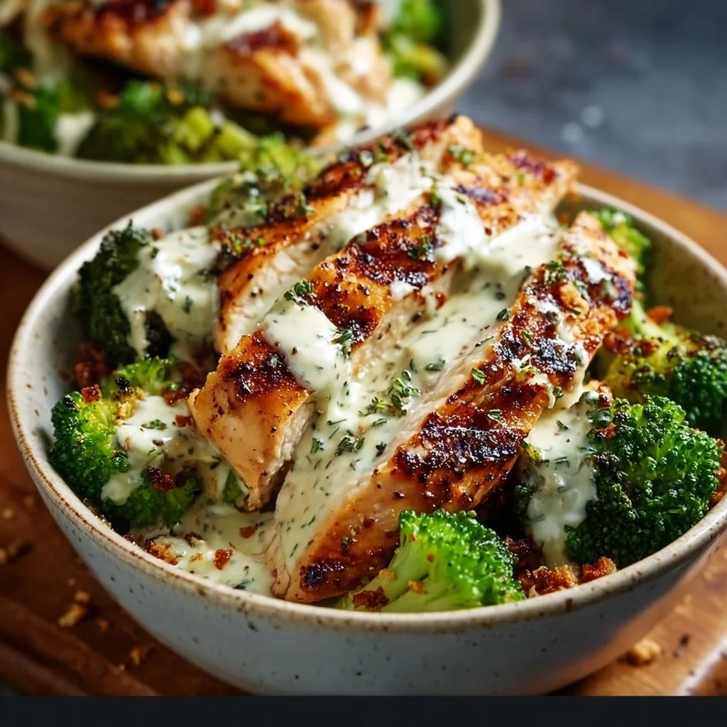 Healthy Grilled Chicken Broccoli Bowls with Creamy Garlic Sauce