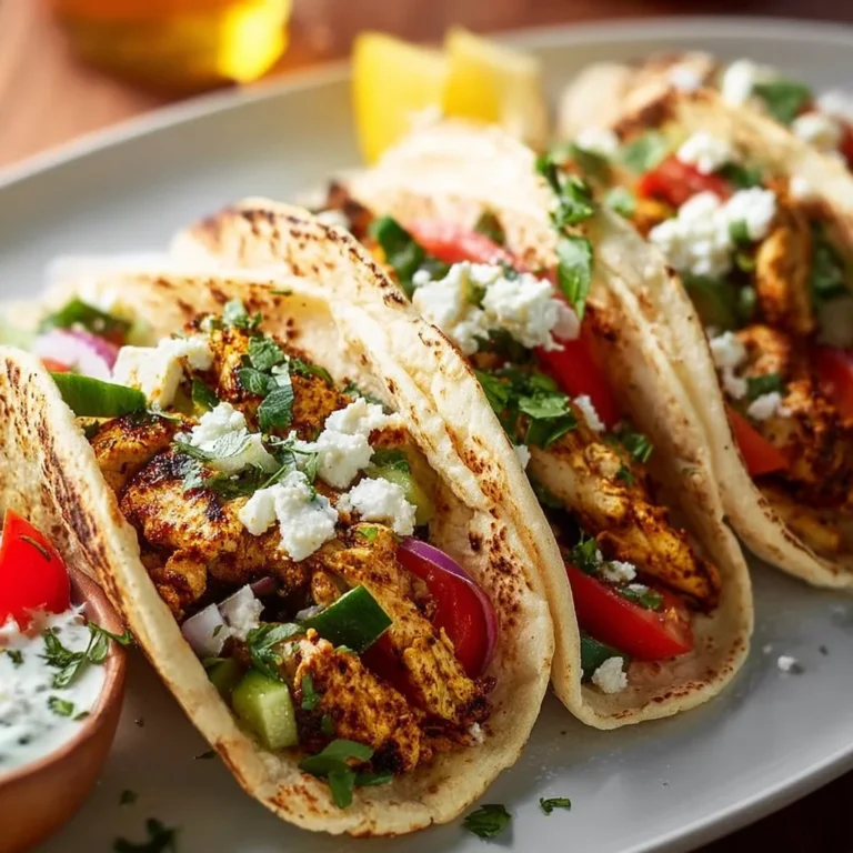 Healthy Mediterranean chicken tacos topped with fresh veggies and herbs