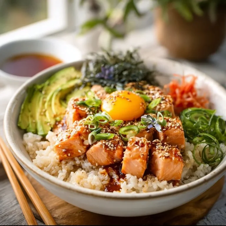 Healthy salmon rice bowl with fresh vegetables and grains
