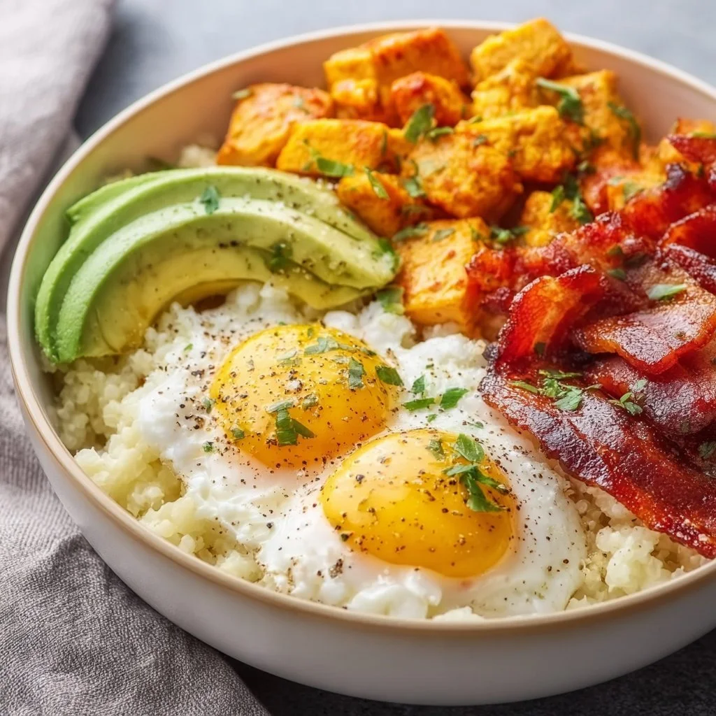 High-protein breakfast bowl with eggs, quinoa, and fresh vegetables