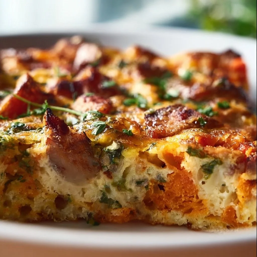 High protein breakfast casserole with eggs, veggies, and cheese.