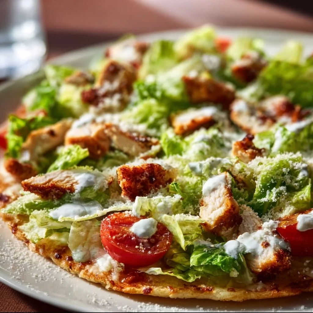 High Protein Chicken Caesar Salad Pizza topped with fresh ingredients and Caesar dressing