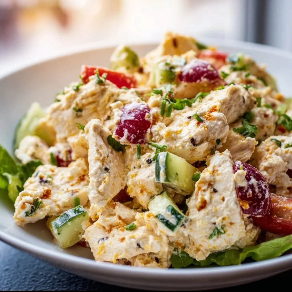High protein cottage cheese chicken salad served in a bowl with fresh ingredients