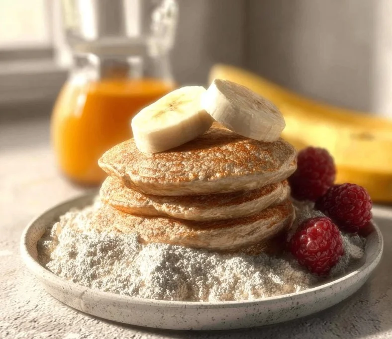 Stack of fluffy high protein pancakes with fresh berries and maple syrup