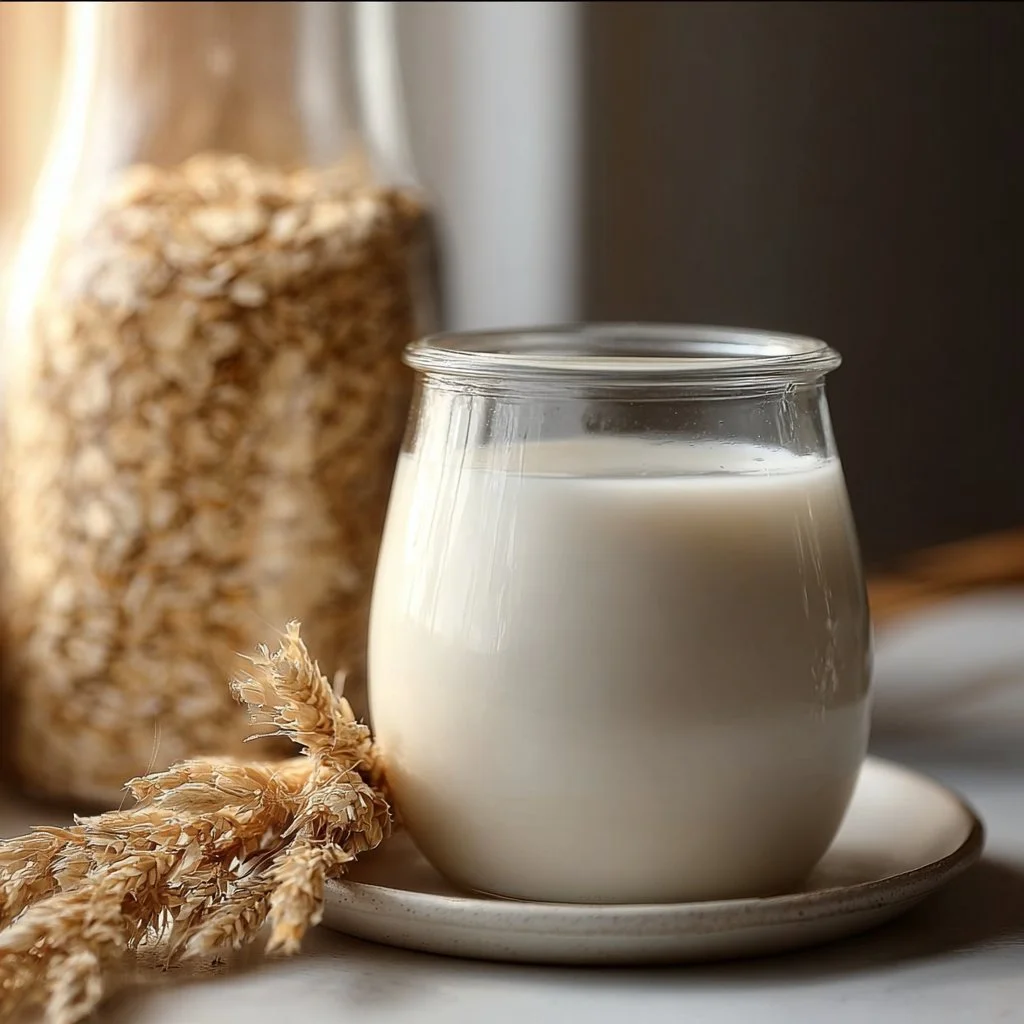 A glass of creamy homemade oat milk with oats and ingredients on a kitchen counter.