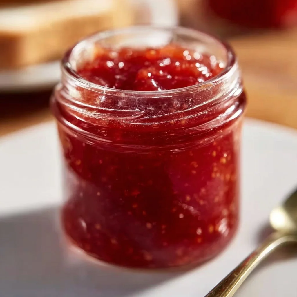 Jar of homemade strawberry rhubarb jam with fresh strawberries and rhubarb