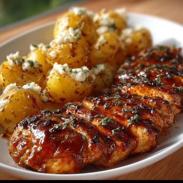 Honey BBQ Chicken served with garlic Parmesan potatoes on a plate.