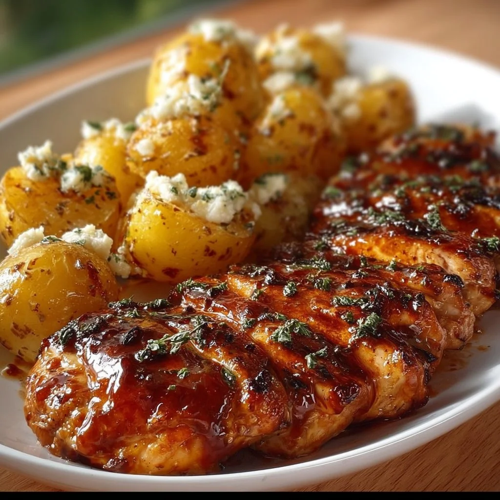 Honey BBQ Chicken served with garlic Parmesan potatoes on a plate.
