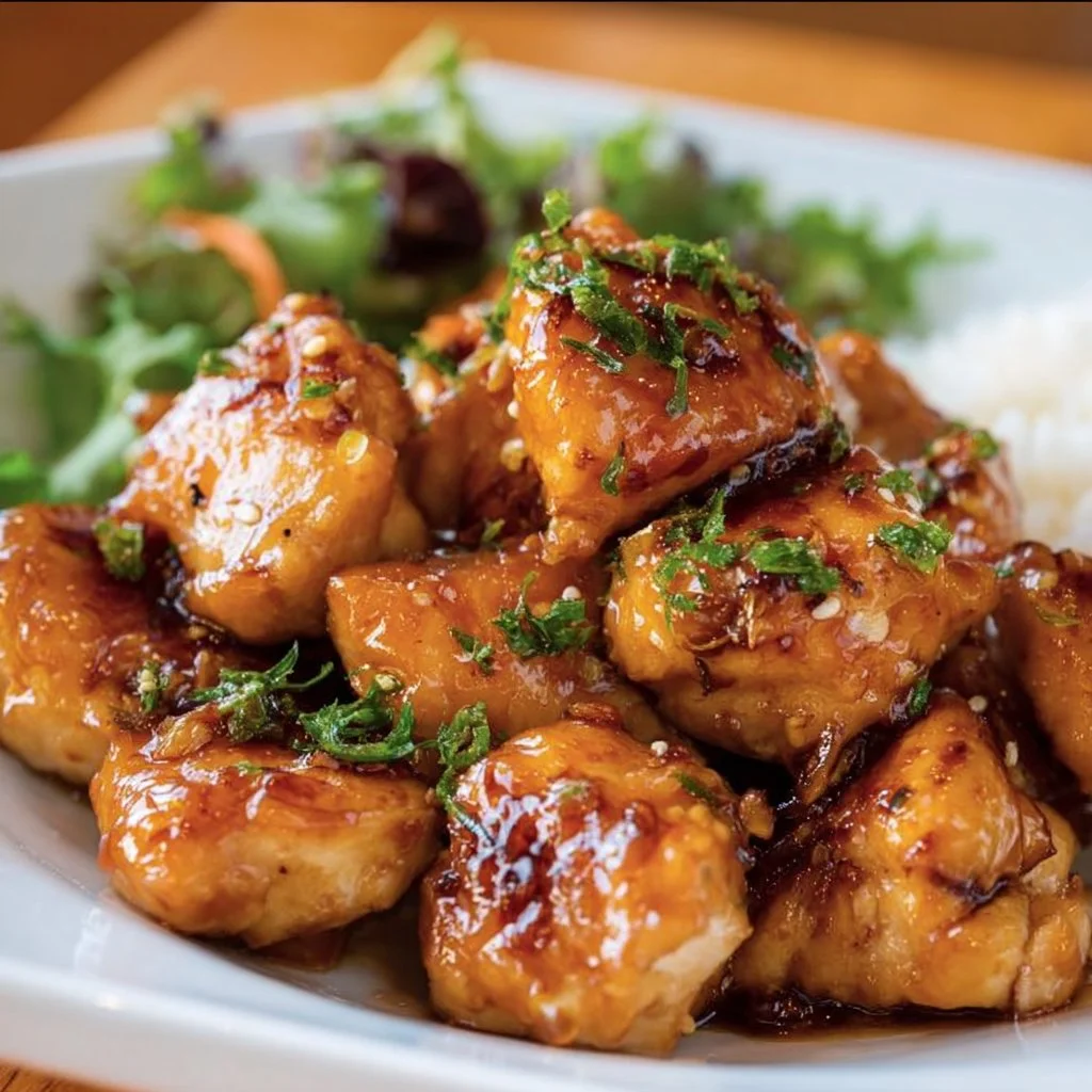 Delicious Honey Garlic Chicken Bites served on a platter.