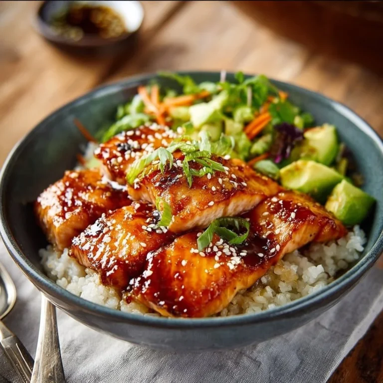 Delicious honey glazed salmon bowl with fresh vegetables