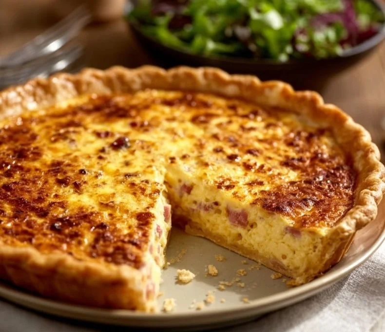 Ina Garten's ham and cheese quiche with golden crust and savory filling