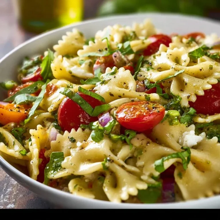 Delicious Italian bow tie pasta salad with fresh vegetables and dressing
