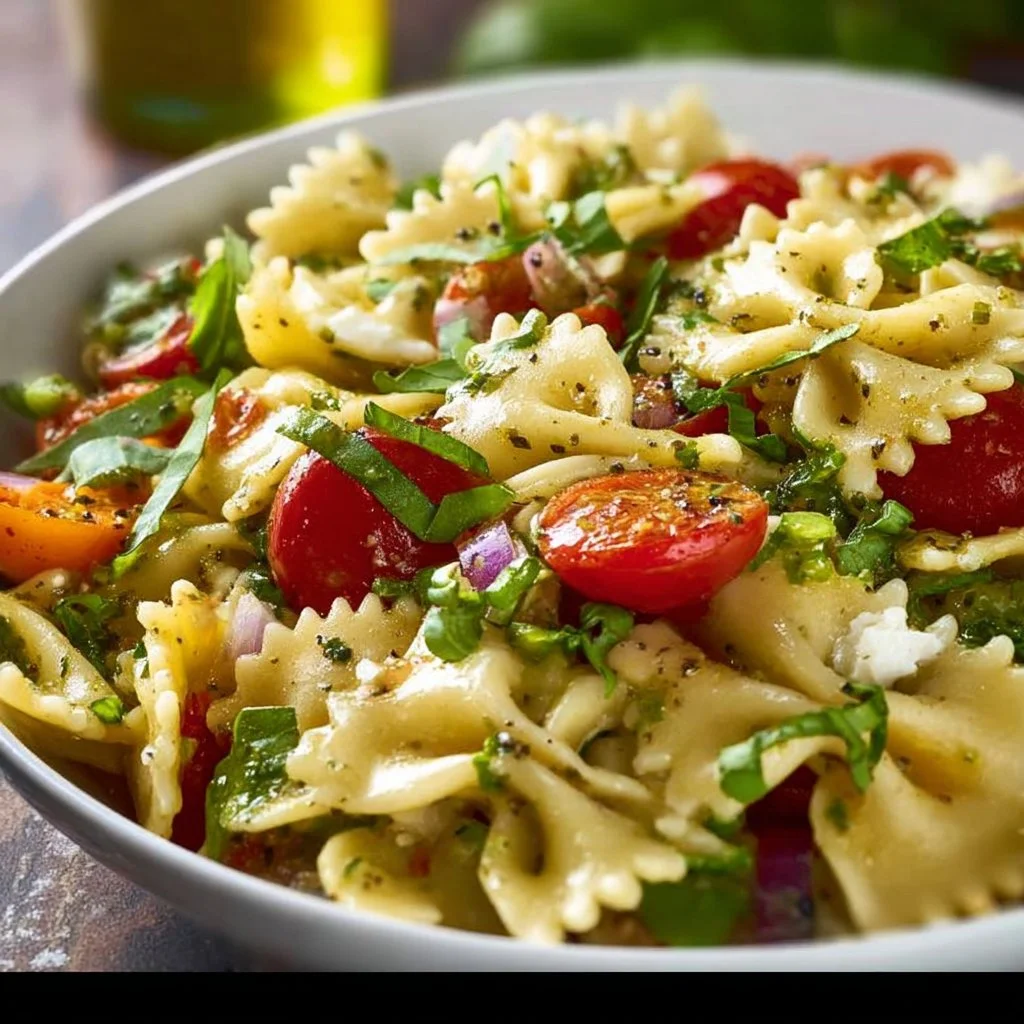 Delicious Italian bow tie pasta salad with fresh vegetables and dressing