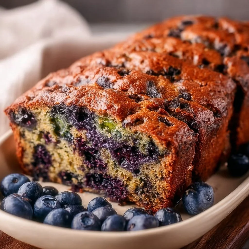 Deliciously moist blueberry zucchini bread, fresh out of the oven.