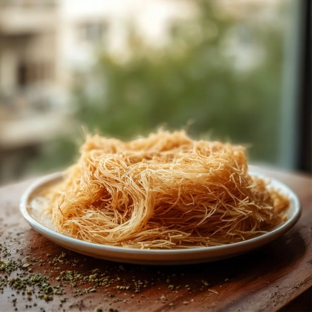 A delicious serving of Kataifi pastry topped with nuts and syrup.