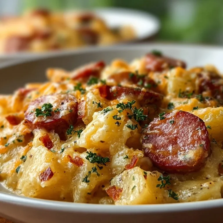 Cheesy Kielbasa sausage potato casserole served in a baking dish