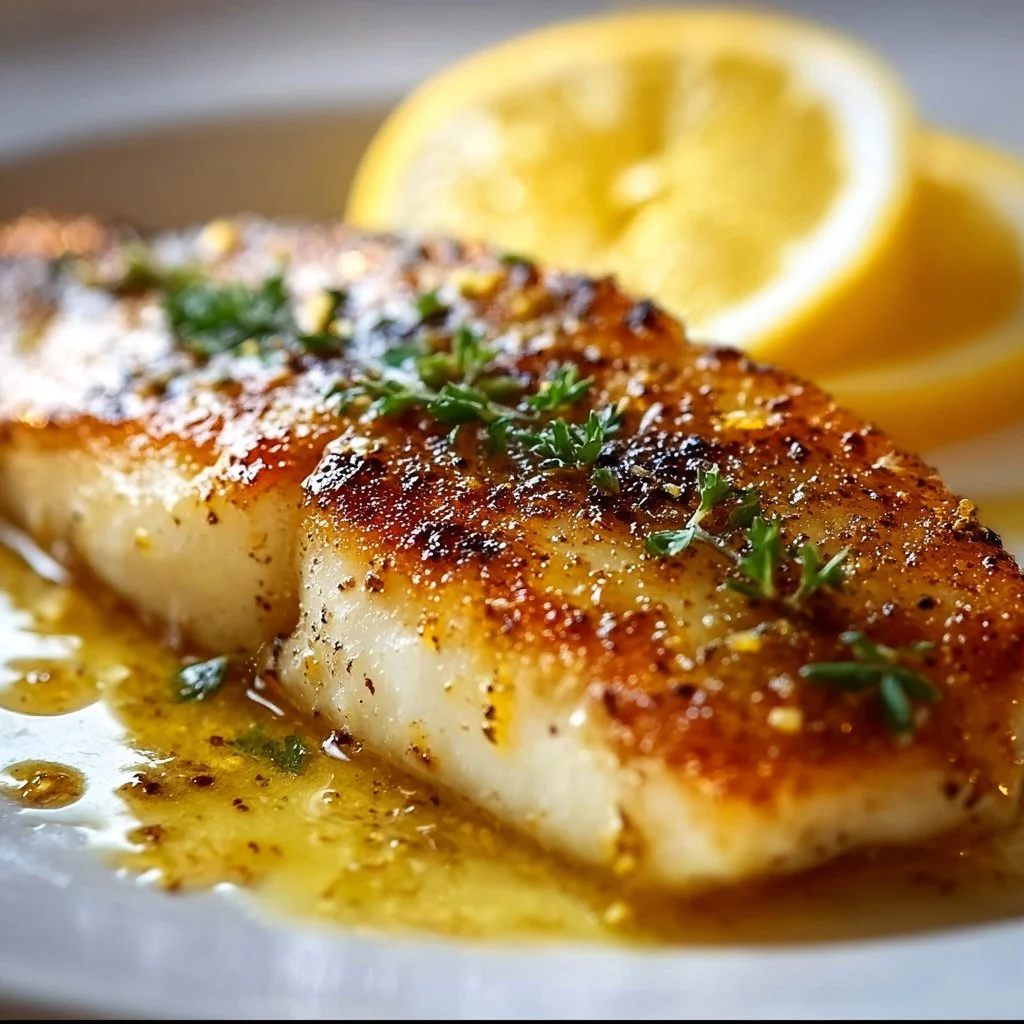 Lemon Butter Fish Fillet topped with fresh herbs and lemon slices