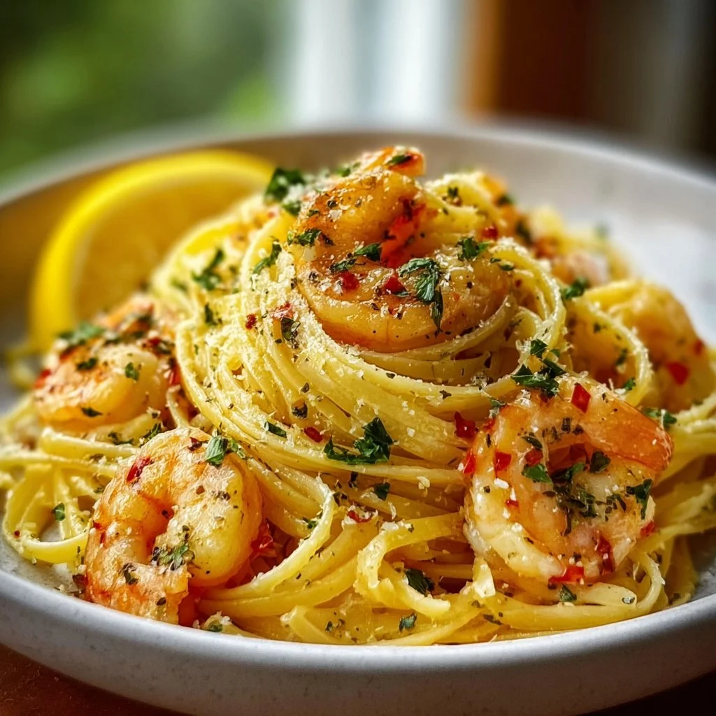 Delicious Lemon Butter Shrimp Pasta served in a bowl