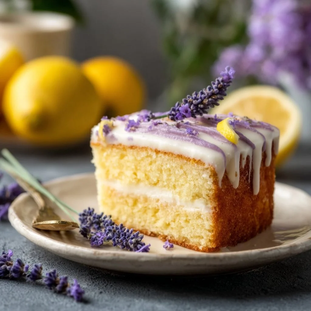 Slice of Lemon Lavender Cake with lemon zest and lavender flowers garnish