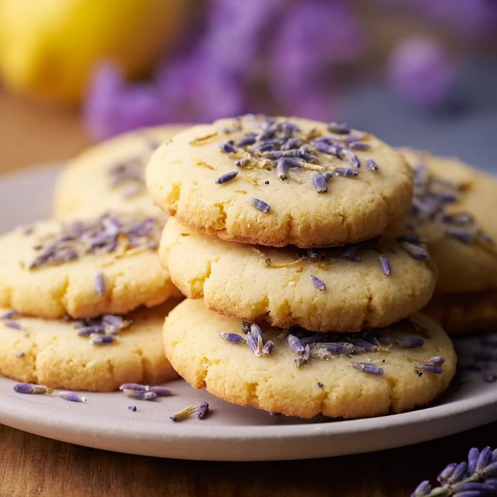 Freshly baked lemon lavender cookies with a golden hue and aromatic herbs