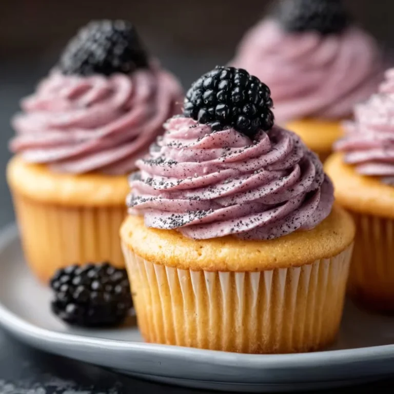 Lemon Poppy Seed Cupcakes topped with creamy blackberry frosting