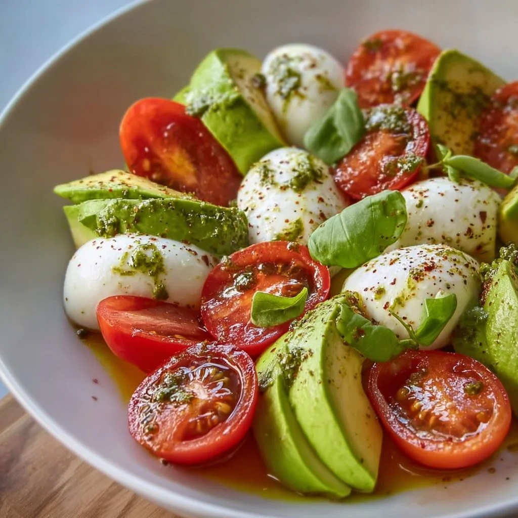 Light Avocado Caprese Salad with mozzarella, tomatoes, and basil