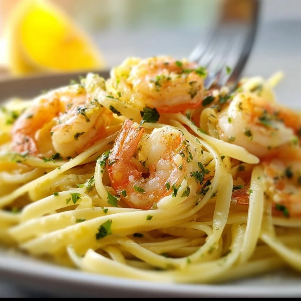 Plate of linguine with shrimp scampi garnished with parsley and lemon.