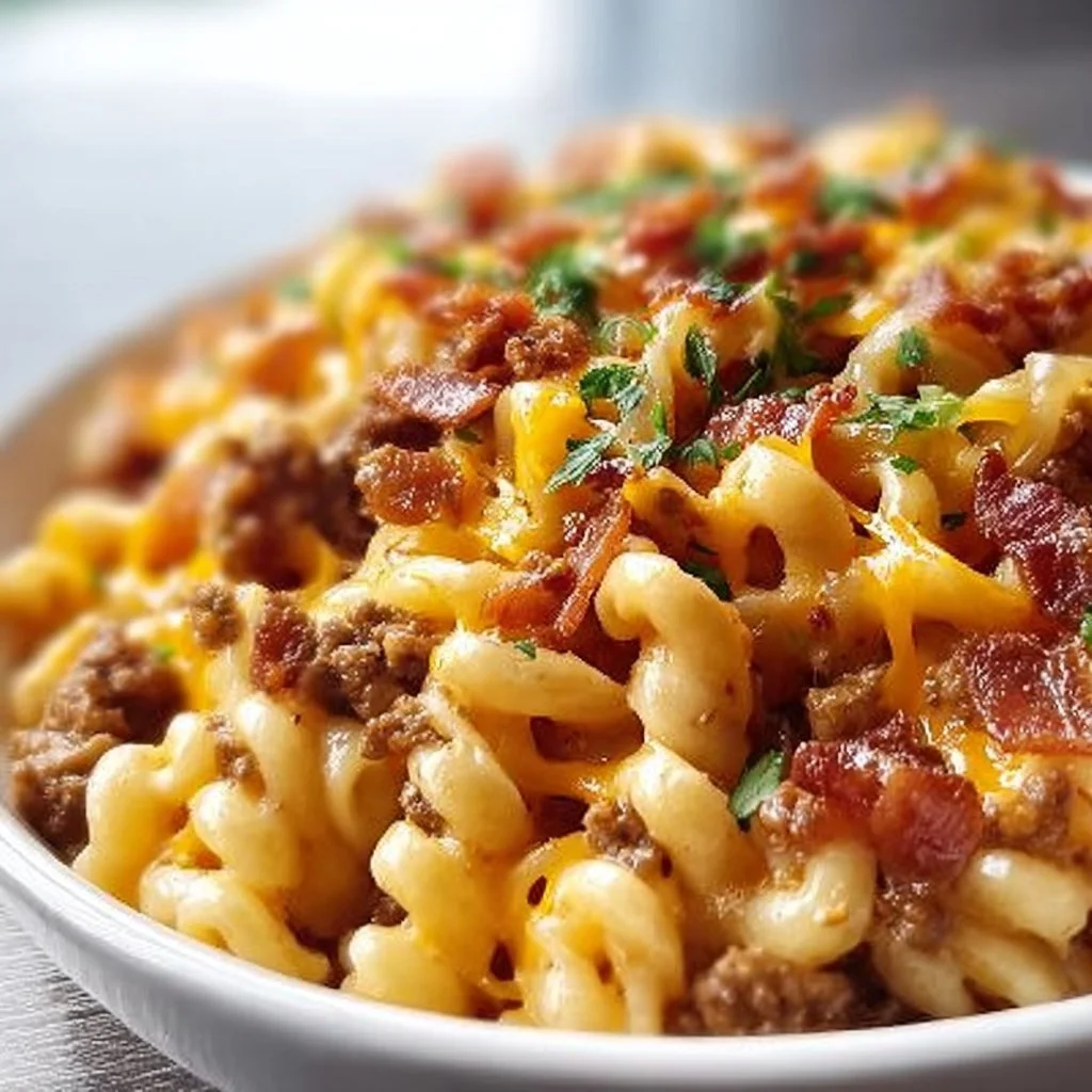 Delicious loaded bacon cheeseburger pasta served in a bowl.