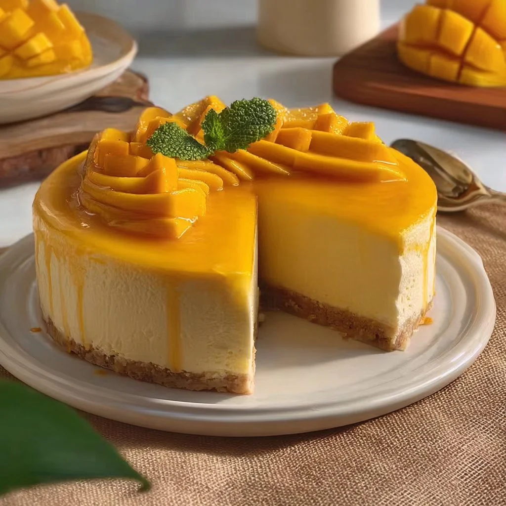 Delicious Mango Mousse Cake topped with fresh mango slices