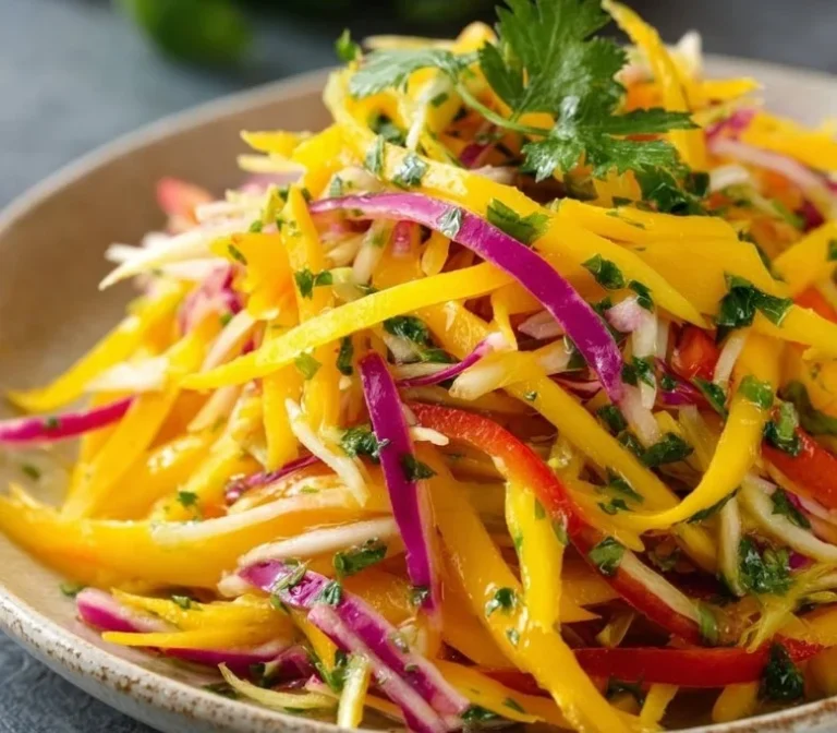 Colorful Mango Slaw salad served in a bowl with fresh ingredients