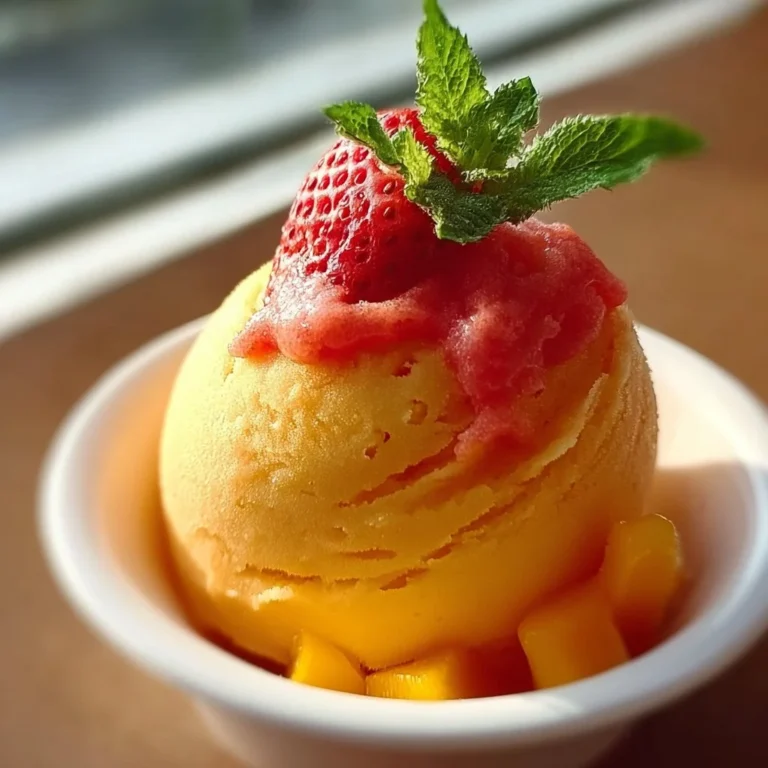 Delicious mango strawberry sorbet in a bowl topped with fresh fruit