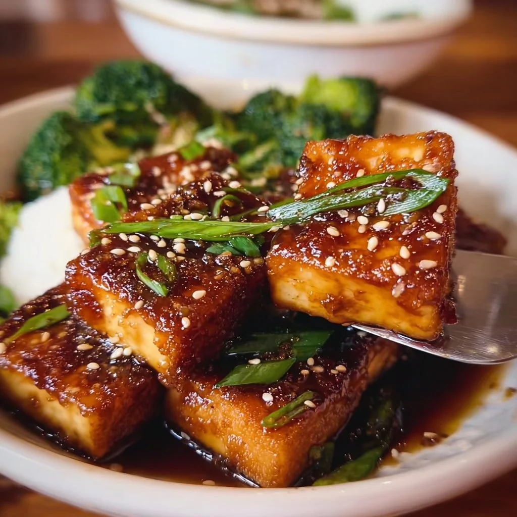 Delicious Maple Glazed Tofu plated elegantly with fresh vegetables.