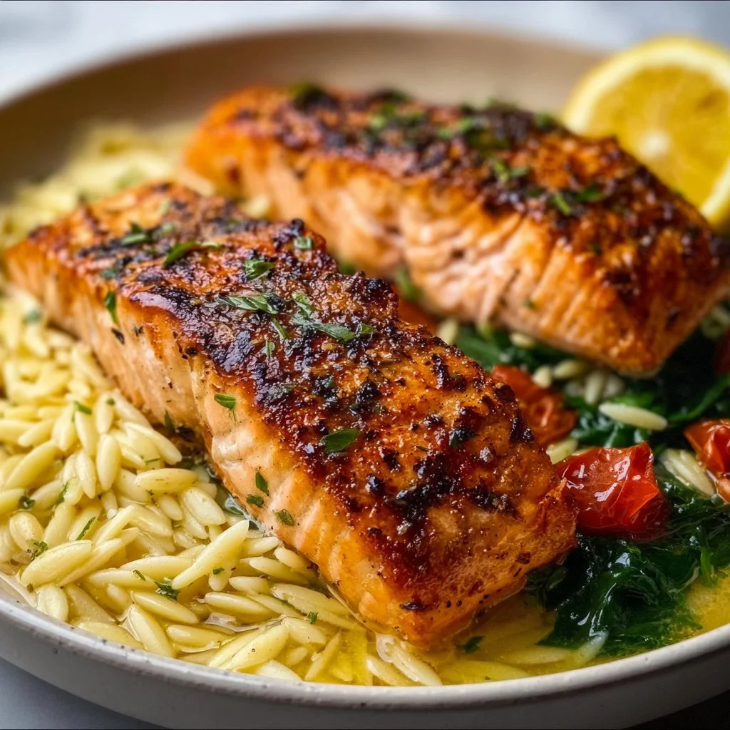 Plate of Mediterranean Salmon served with lemon orzo and fresh herbs