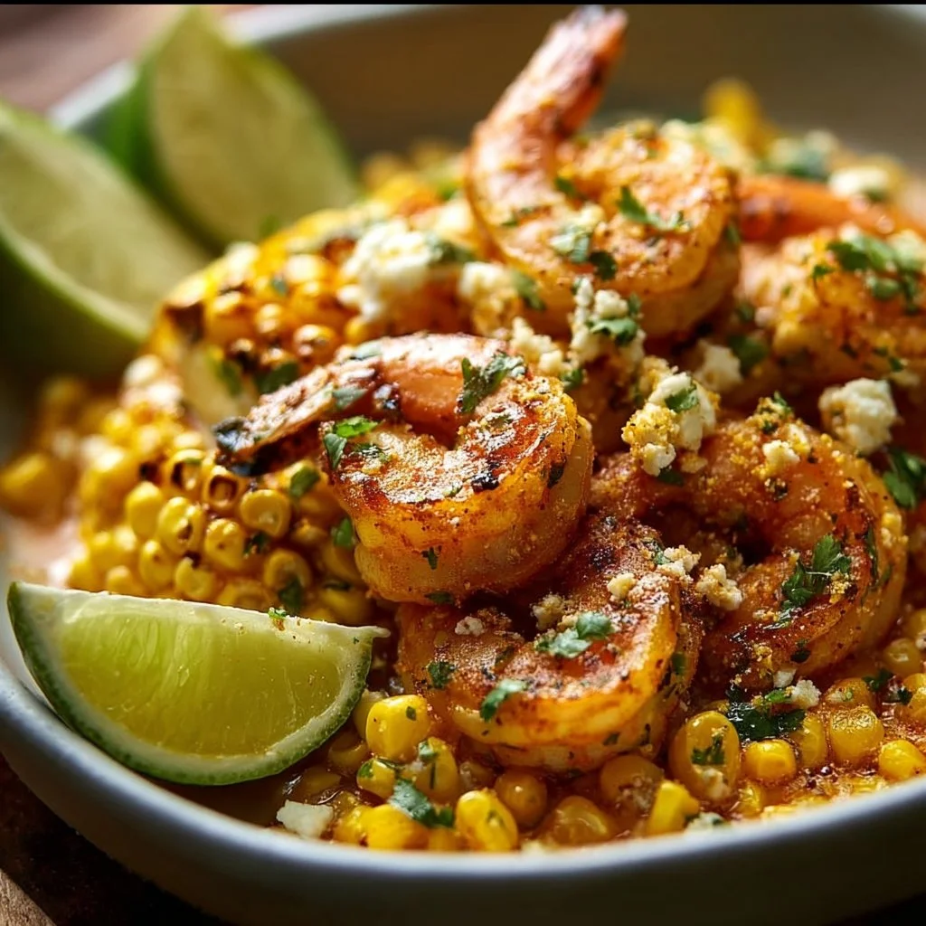 Delicious Mexican Street Corn with Shrimp served in a bowl.