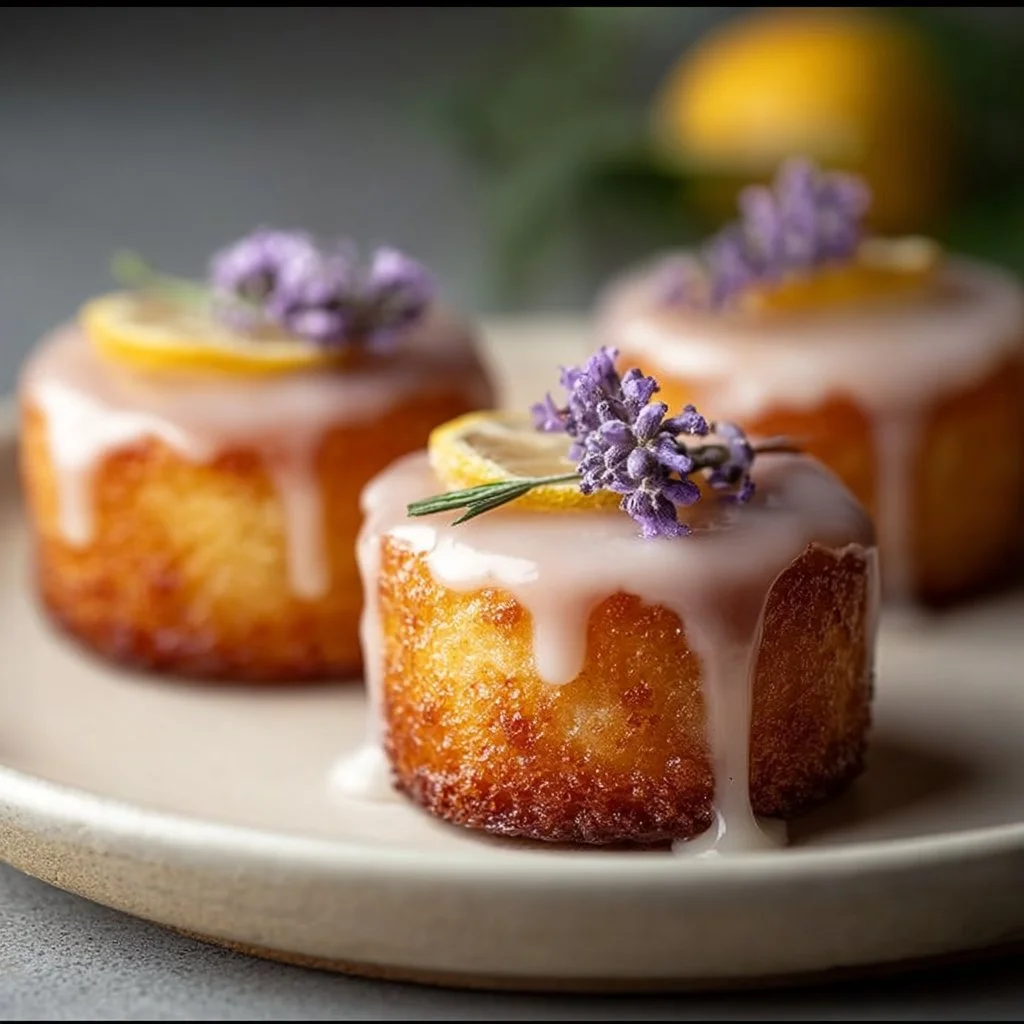 Mini lemon cakes drizzled with lavender glaze on a beautiful plate