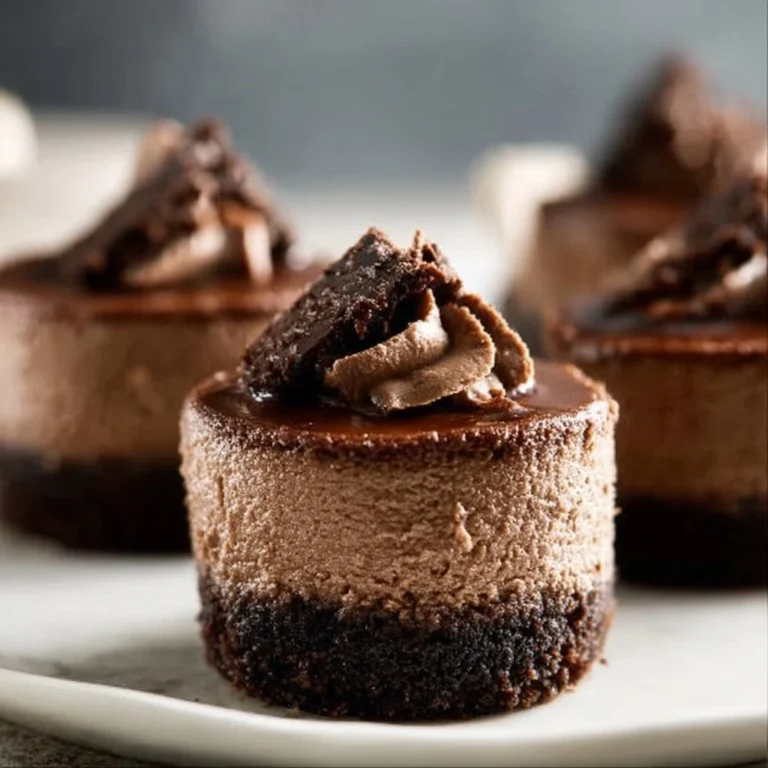 Mini triple chocolate cheesecakes topped with chocolate shavings and sauce