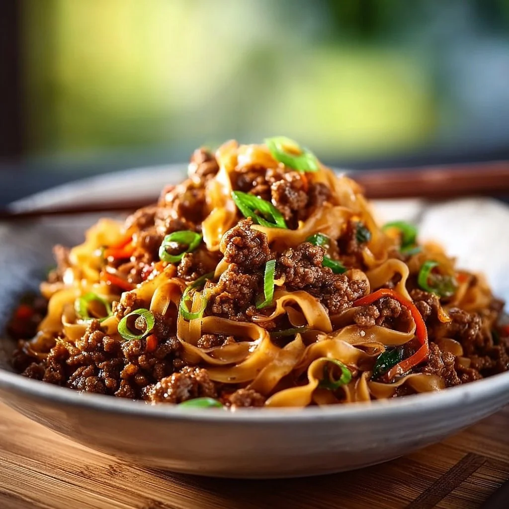 Mongolian Ground Beef Noodles garnished with green onions
