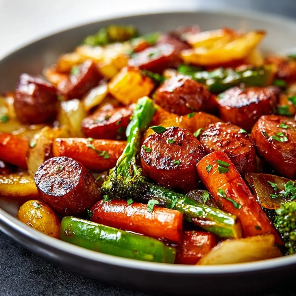 One-Pan Honey Garlic Kielbasa with colorful veggies on a serving platter