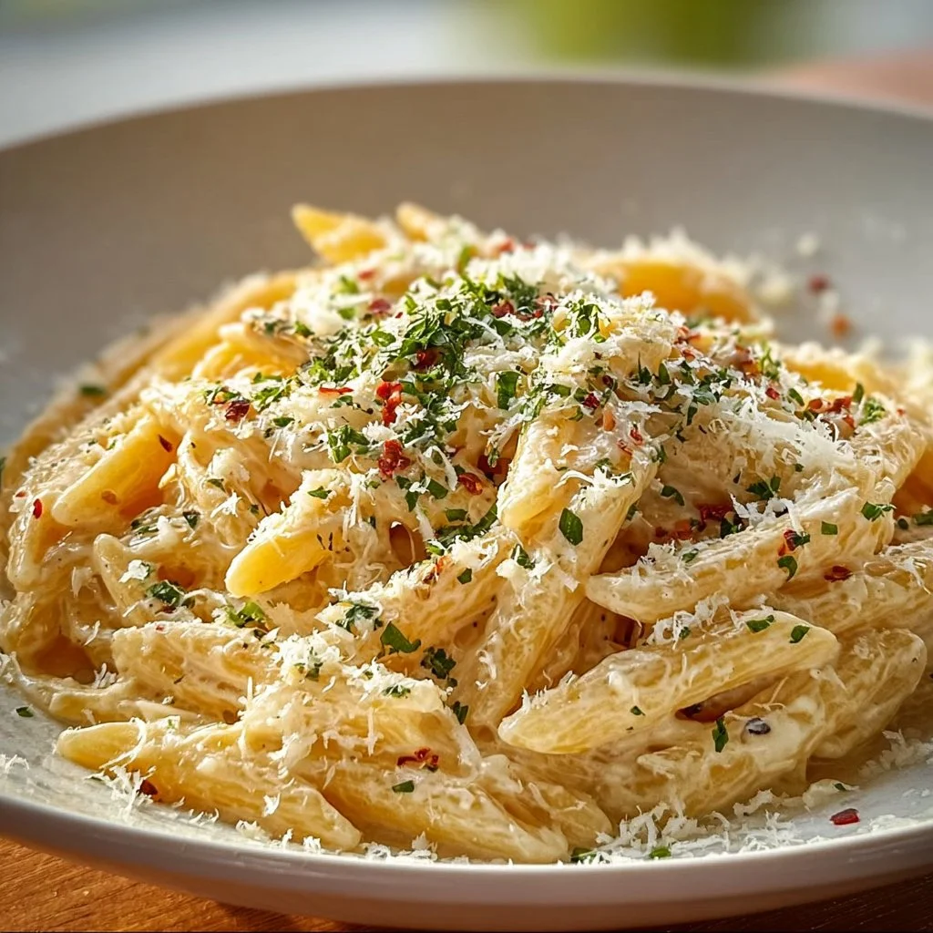 One Pot Creamy Garlic Pasta with a rich, velvety sauce and garlic flavors.