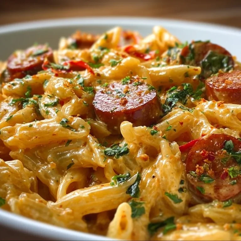 One-pot creamy spicy Cajun sausage pasta served in a bowl with fresh herbs.