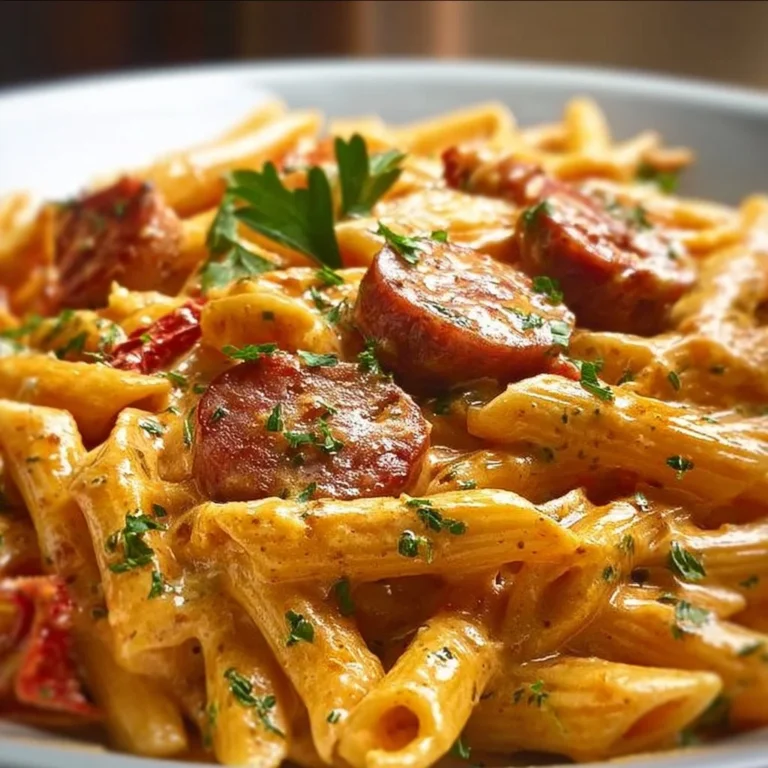 Creamy spicy Cajun sausage pasta in a one-pot dish, ready to serve.