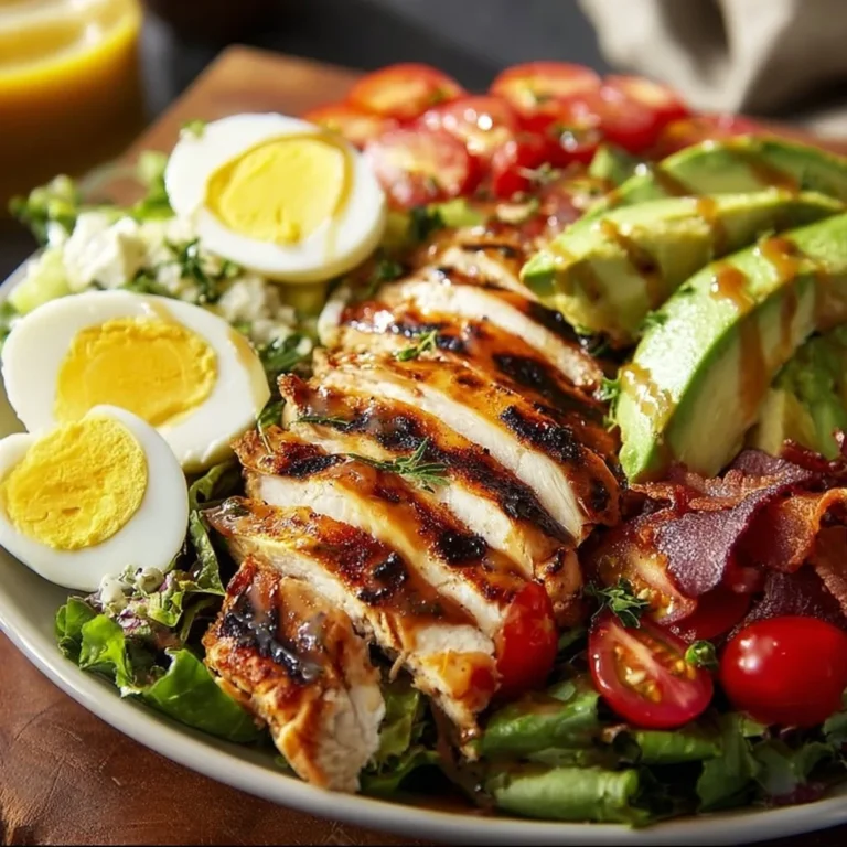 Paleo Grilled Chicken Cobb Salad with Honey Dijon Dressing served in a bowl