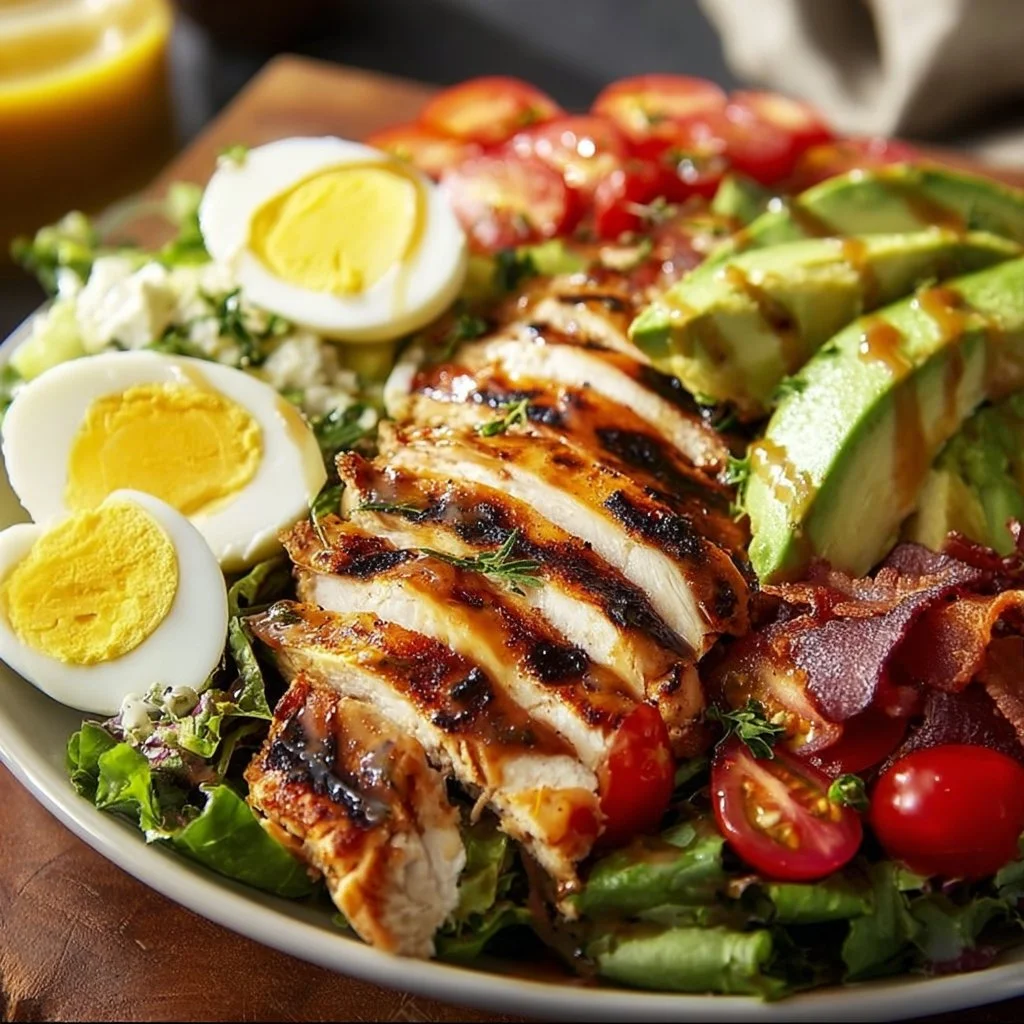Paleo Grilled Chicken Cobb Salad with Honey Dijon Dressing served in a bowl