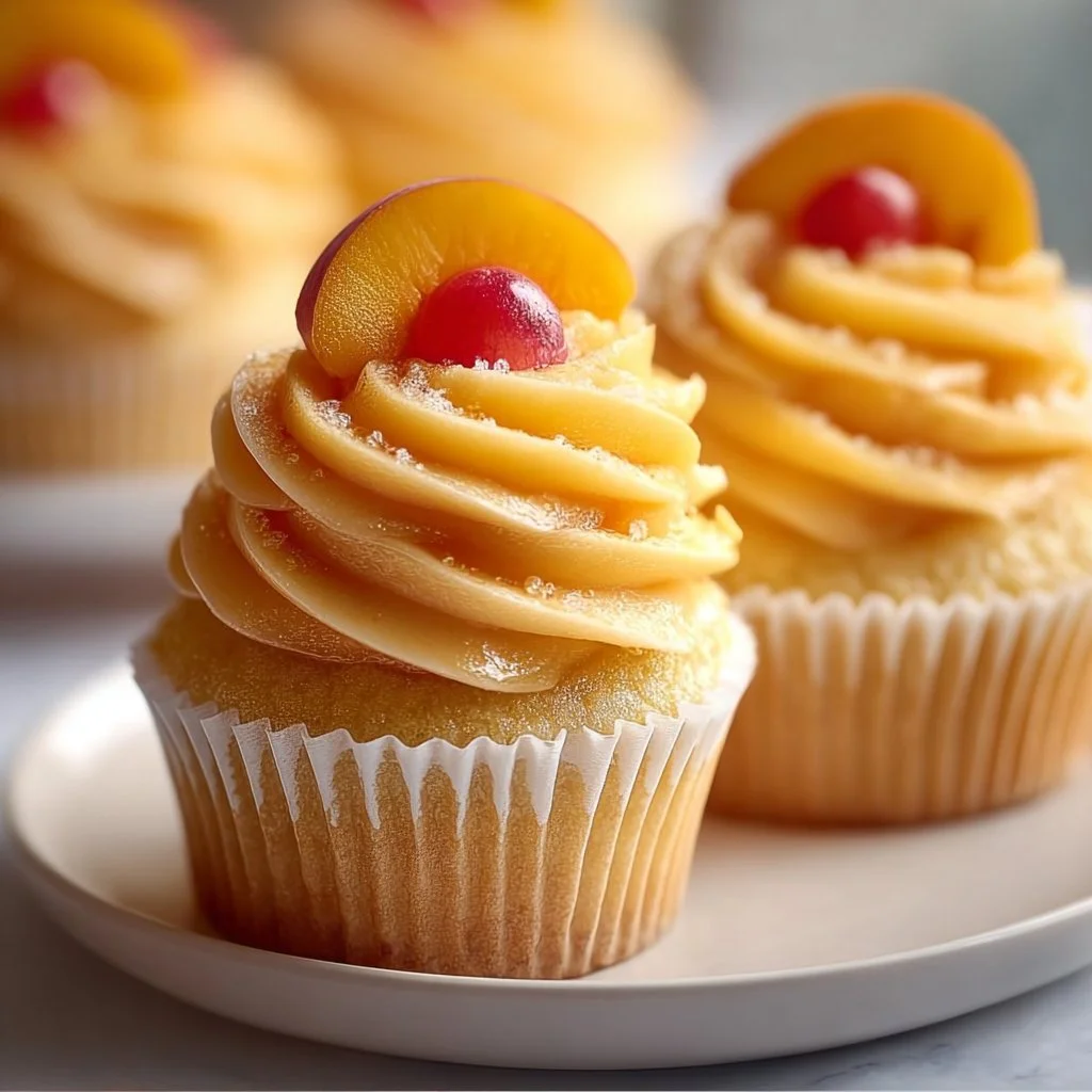 Delicious Peach Bellini Cupcakes topped with peach and champagne frosting