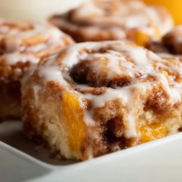Delicious Peach Cobbler Cinnamon Rolls topped with sweet peach filling and cinnamon
