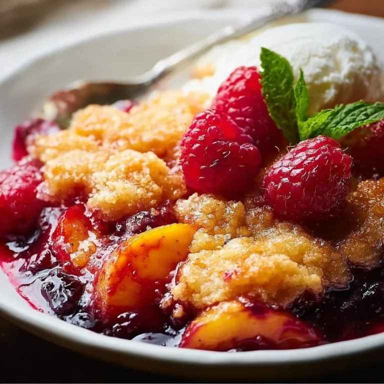 Delicious peach cobbler topped with fresh raspberries in a baking dish