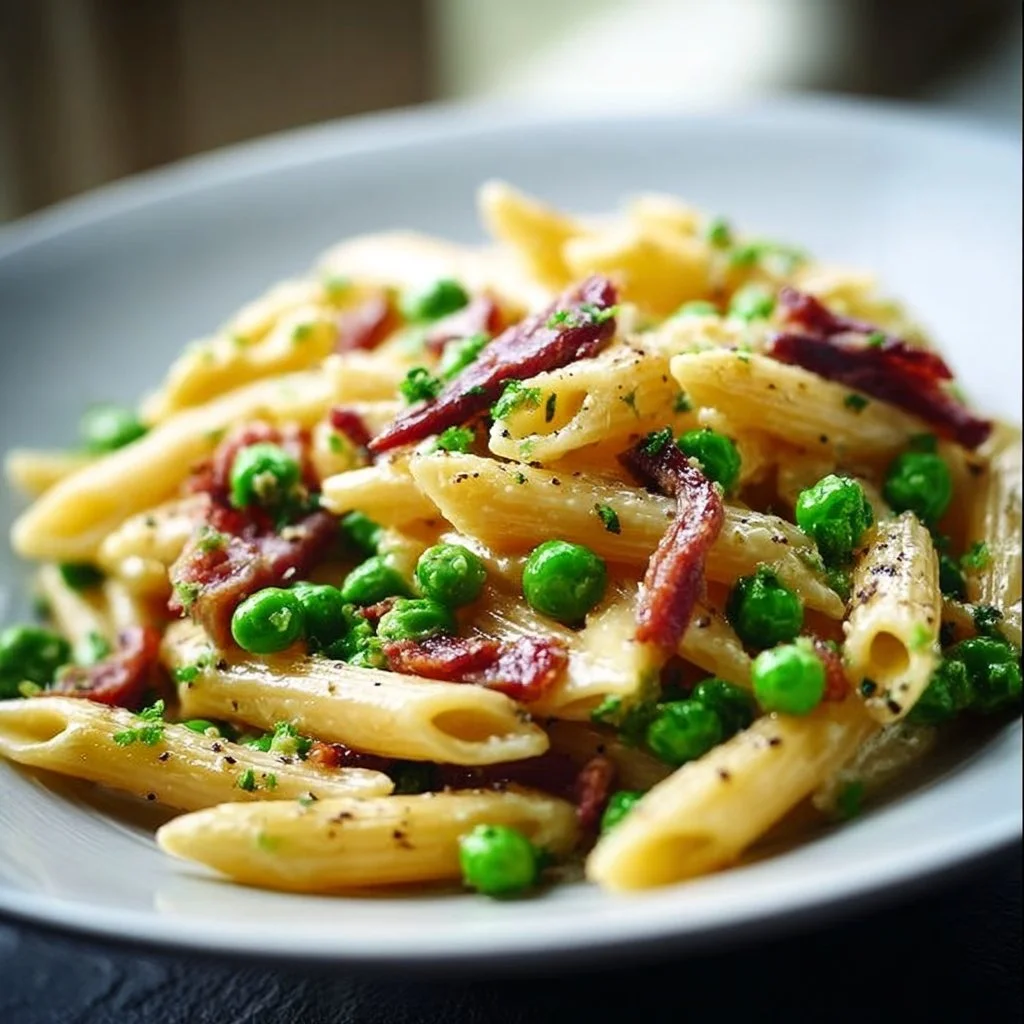 Penne Pasta with Peas and Beef Bacon served in a bowl