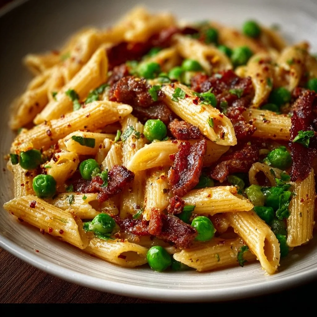 Penne Pasta with Peas and Beef Bacon